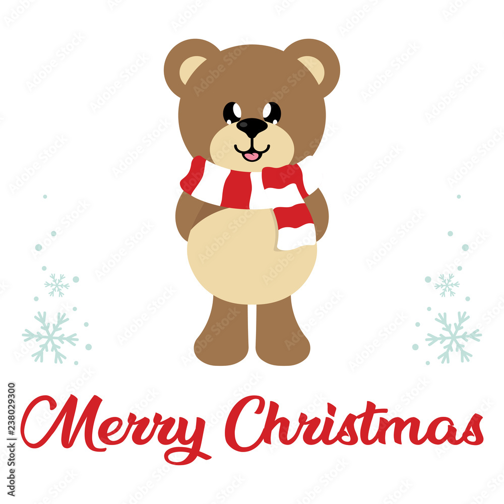 Obraz premium winter christmas cartoon bear with scarf and christmas text