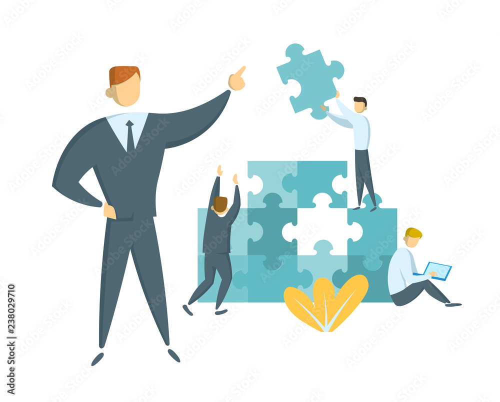 Teamwork and leadership concept. Leader guiding his team towards success. Businessmen with giant puzzle pieces. Partnership and collaboration. Flat vector illustration. Isolated. Teamwork and leadership concept. Leader guiding his team towards success. Businessmen with giant puzzle pieces. Partnership and collaboration. Flat vector illustration. Isolated.