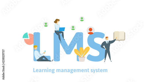 LMS, learning management system. Concept with keywords, letters and icons. Colored flat vector illustration on white background.