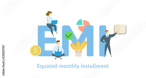EMI, equated monthly installment. Concept with keywords, letters and icons. Colored flat vector illustration on white background. Isolated.
