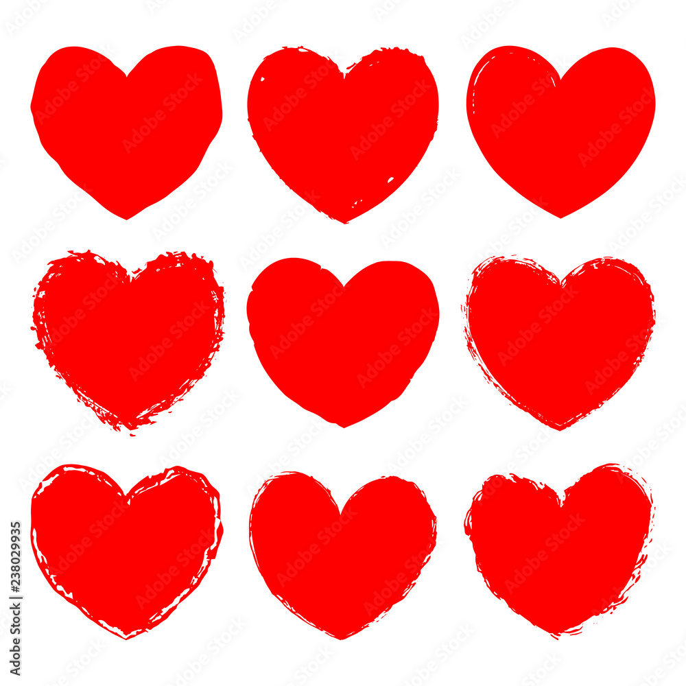 Vector set of red grunge art hearts. Ink rough texture