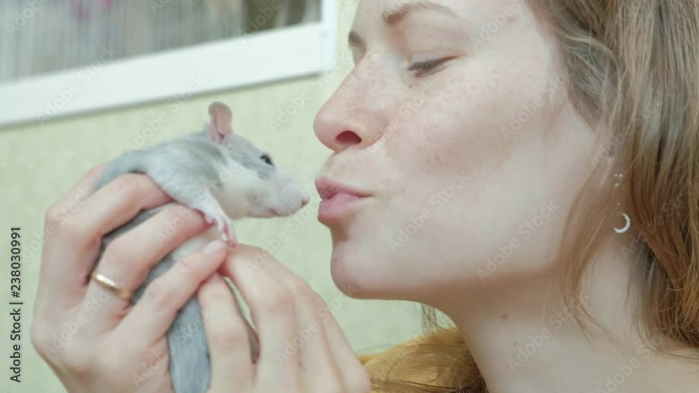 young woman holding a rat in her arms, loves and plays with her, a rodent, a pet young woman holding a rat in her arms, loves and plays with her, a rodent, a pet