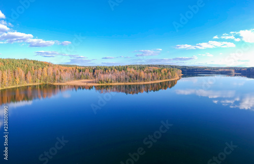 The lake Glubelka in Belarus. Autumn. Drone Panorama