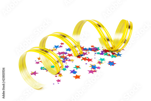 Confetti and yellow ribbon