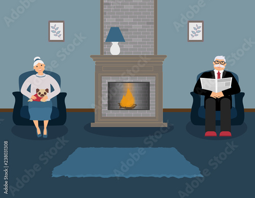 A couple of elderly people are sitting by the fireplace in a beautiful cozy blue living room. Woman with cute little pug on his knees, a man in a suit is reading a newspaper. Vector illustration
