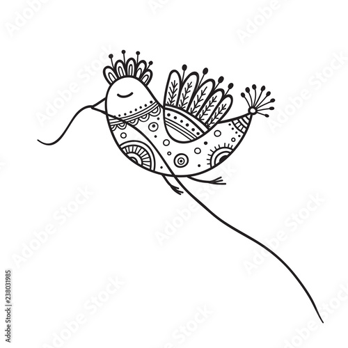 Vector illustration of bird with thread in beak in boho style.