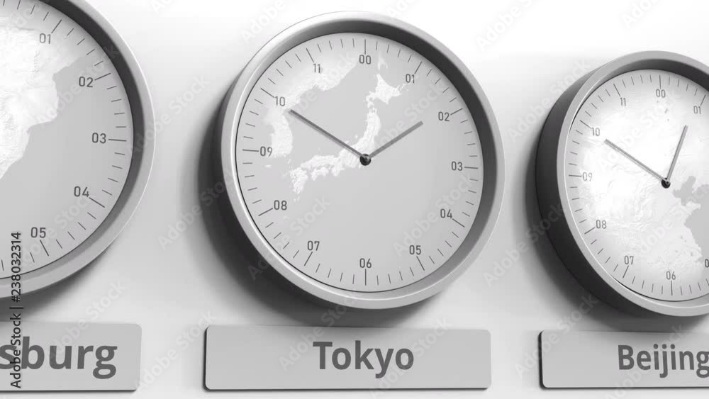 Clock shows Tokyo, Japan time among different timezones. Conceptual 3D animation Clock shows Tokyo, Japan time among different timezones. Conceptual 3D animation