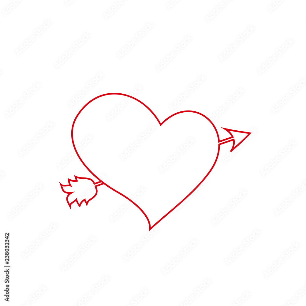red outline vector heart pierced with arrow on white background.