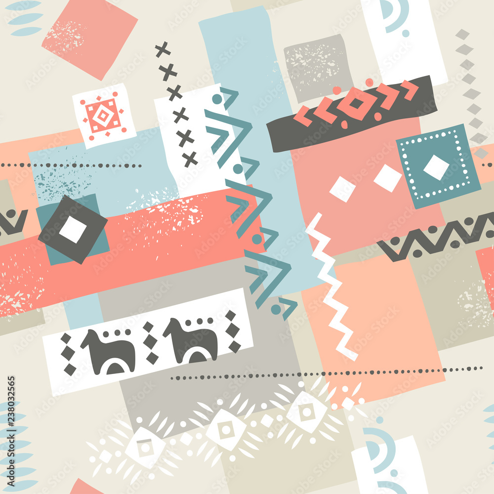 Seamless pattern with geometric shapes and ethnic structures.