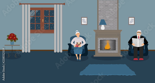 A couple of elderly people are sitting by the fireplace in a beautiful cozy blue living room. Woman with cute little pug on his knees, a man in a suit is reading a newspaper. Vector illustration