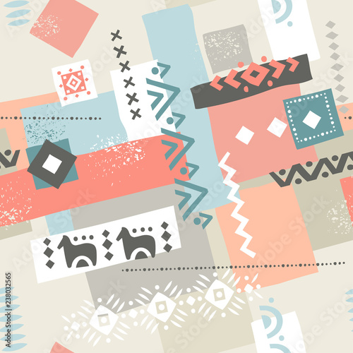 Seamless pattern with geometric shapes and ethnic structures. © struvictory