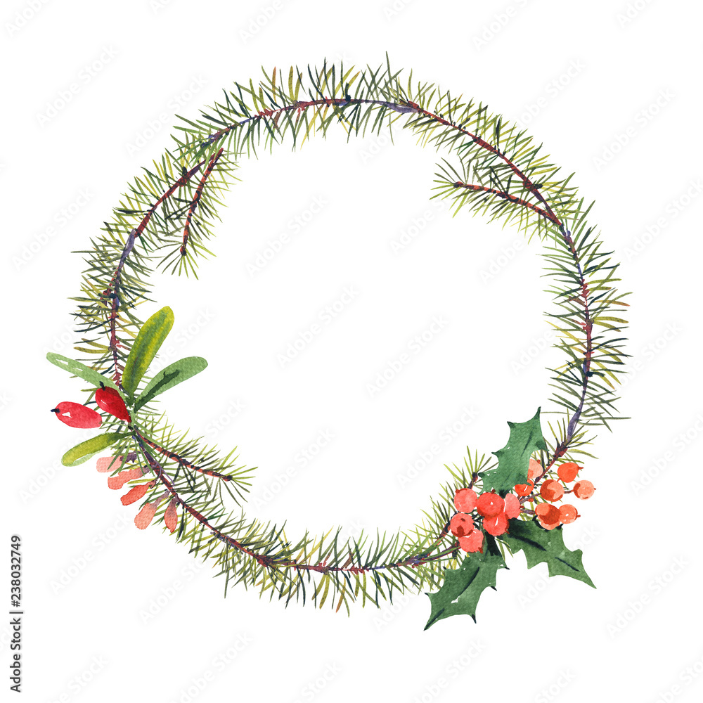 Winter watercolor Christmas round frame with tree branches and berries. Winter watercolor Christmas round frame with tree branches and berries.