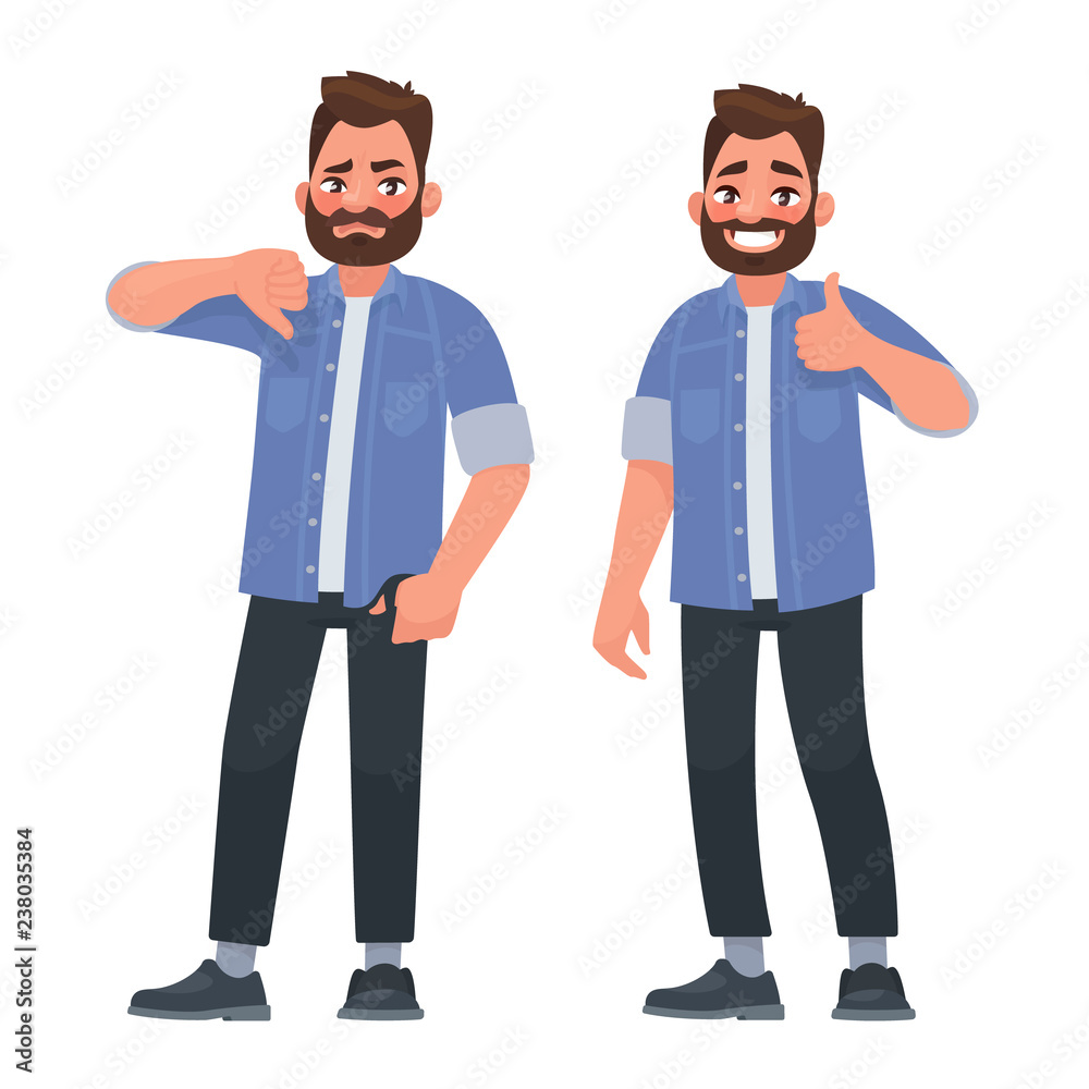 Like and dislike. Good and bad. A man shows a gesture of approval and ...