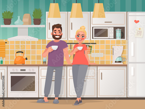 Happy married couple in the kitchen. Man and woman drink tea at home. Vector illustration