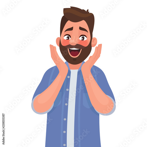 The emotion of surprise and delight in a man on the face. Joy and happiness