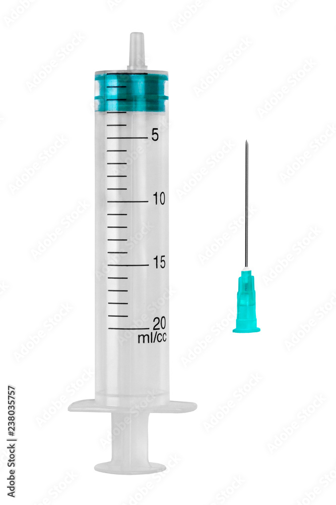 Disassembled medical syringe isolated on white background. Parts of syringe:  needle, barrel with plunger. Stock Photo | Adobe Stock