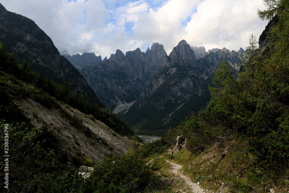Stretta valle alpina con picchi montuosi sullo sfondo - Valle Cimolaia - Parco naturale delle Dolomiti Friulane - Italia