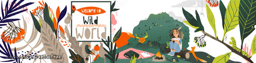 Welcome to the wild world sitting girl artist on a log, near the hearth, sitting squirrel, in the bushes of foxes, a bird on the yellowed leaves. yellowed leaves, girl, nature, flat