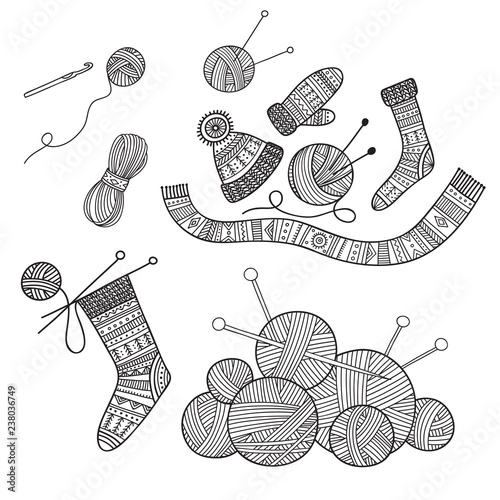 Vector set of knitting tools and yarn