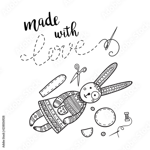 Vector card handmade theme with lettering, sewing tools and bunny toy.