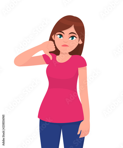 Unhappy woman showing or gesturing thumb down sign. Girl doing a negative gesture, looking with negative expression and disapproval. Bad, dislike, disapprove, disagree concept illustration in vector.