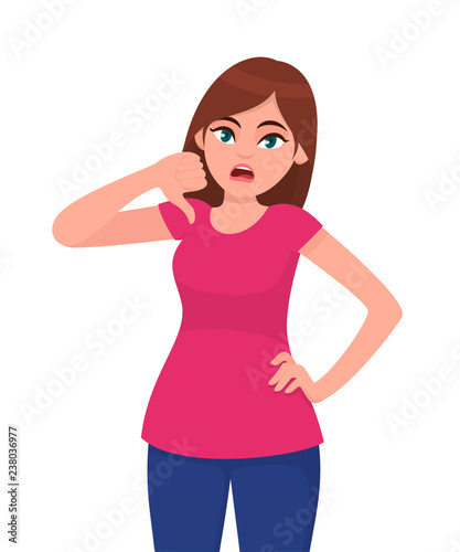 Unhappy woman showing or gesturing thumb down sign. Girl doing a negative gesture, looking with negative expression and disapproval. Bad, dislike, disapprove, disagree concept illustration in vector.