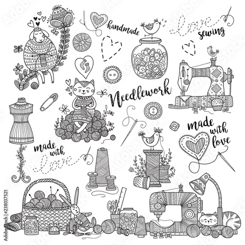 Vector illustration of needlework, sewing tools.