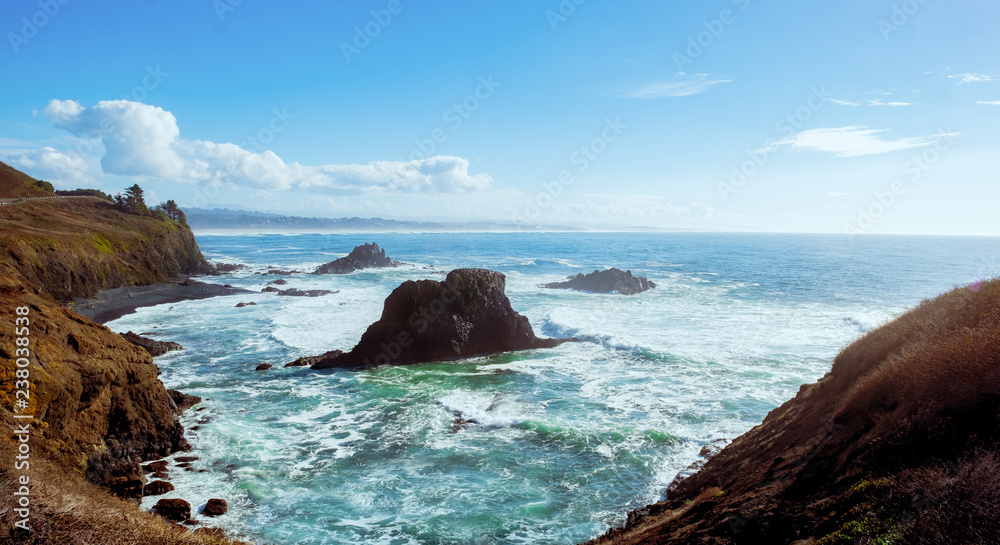 Ocean waves crashing,Rocky coast and beach with ocean surf, Oregon Coast USA