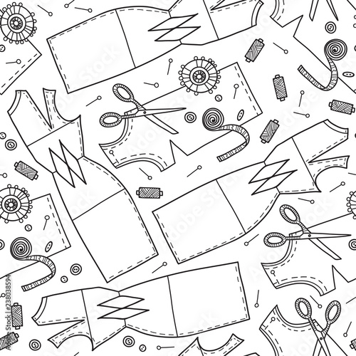 Vector seamless pattern with sewing pattern and needlework tools.