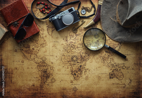 old map and vintage travel equipment / Travel concept