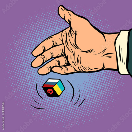 Policy. Russia vs Ukraine confrontation, war. hand throws dice