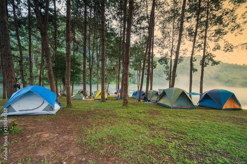 Adventures camping and camping in the morning with light fog at Pang-ung, Mae Hong Son, Thailand