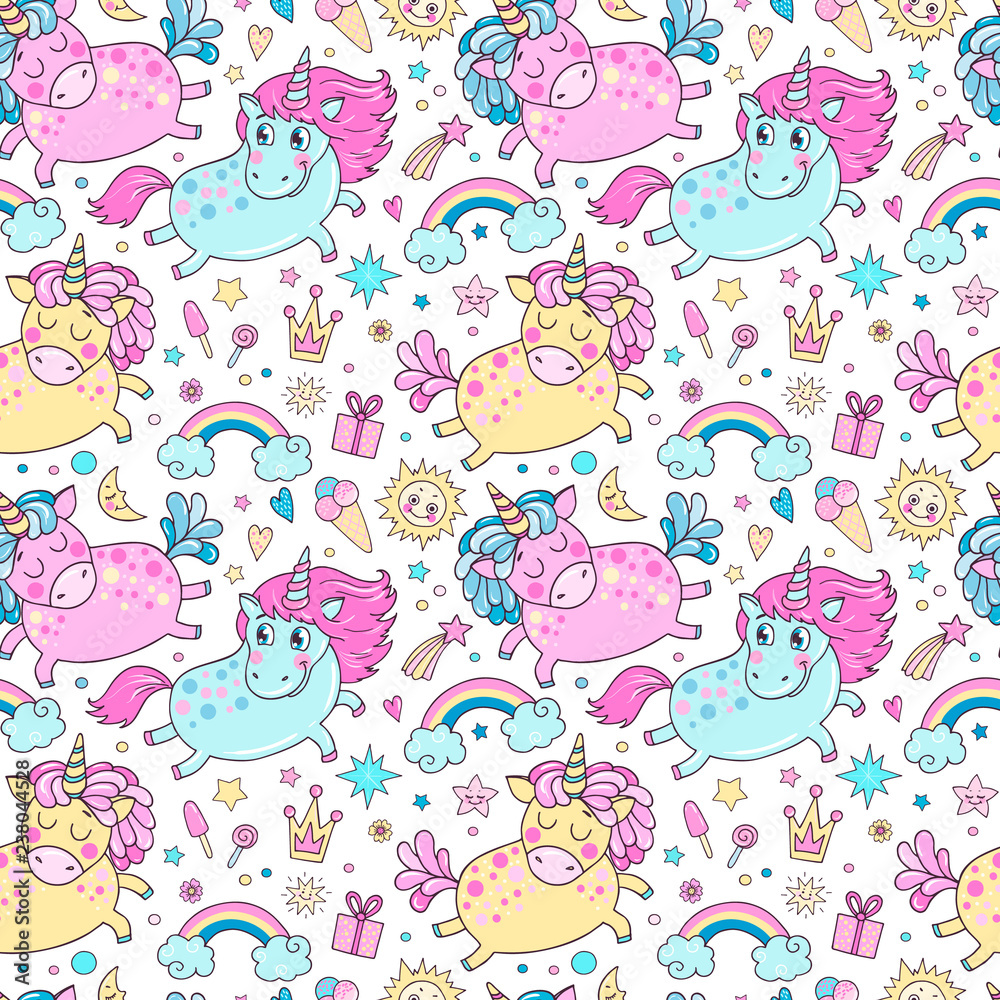 Lovely seamless pattern with cute unicorns, rainbow, clouds Lovely seamless pattern with cute unicorns, rainbow, clouds