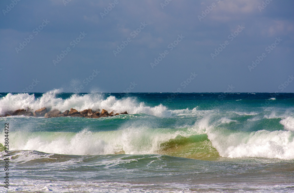 Foam waves in stormy weather on the Mediterranean sea