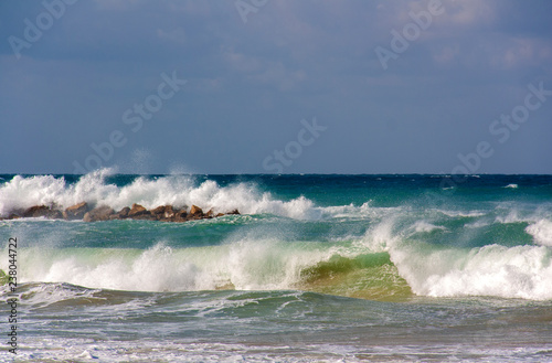 Foam waves in stormy weather on the Mediterranean sea