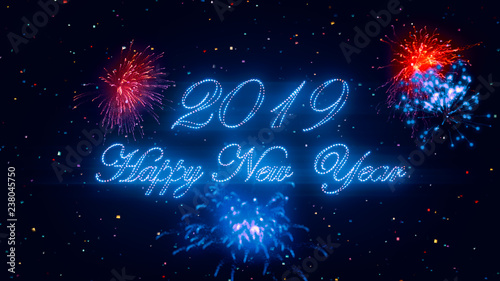 Neon text Happy New year text with fireworks use as greeting card