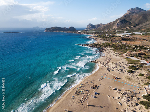 The Falasarna beach, Crete island, Greece. Aerial drone photography