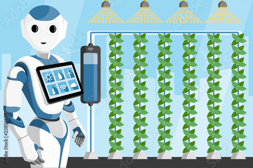 Robot with tablet computer in a greenhouse. Smart farming concept. Vector illustration.