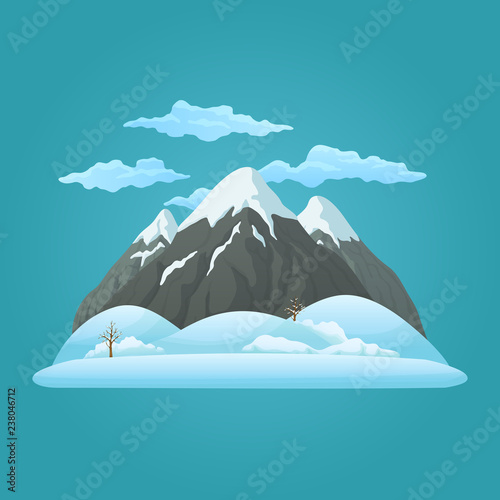 Three snowy mountains with snow covered hills  bare trees and clouds on a blue background.