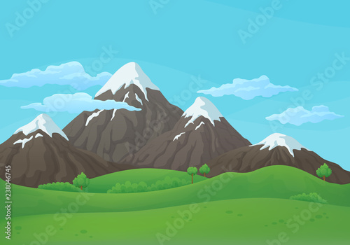 Vector background. Snowy mountain range with green fields, hills and blue sky with clouds.