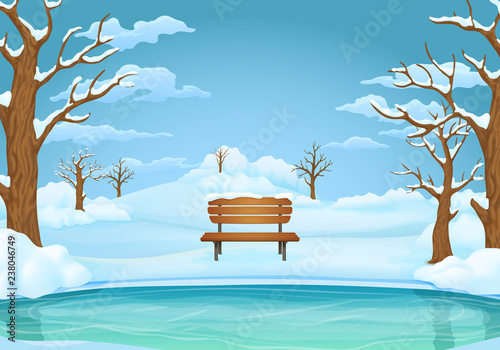 Winter day background. Frozen lake or river with snow covered wooden bench, leafless trees and bushes. Snowy meadows in the background.