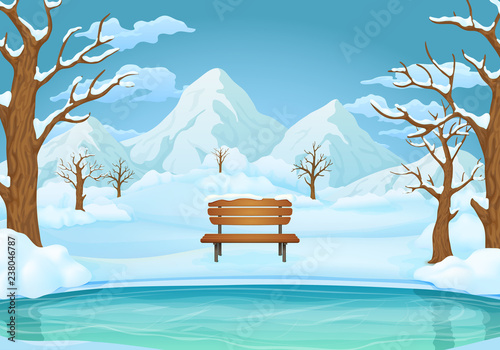 Winter day background. Frozen lake or river with snow covered wooden bench, leafless trees and bushes. Snowy meadows and mountains in the background.