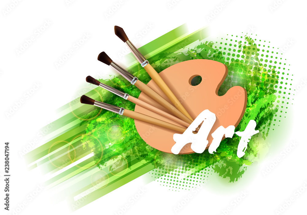 Drawing tools cartoon elements colorful vector concept. Art supplies:  palette, brushes, watercolor background. Drawing materials creative  illustration workshop designs Stock Vector