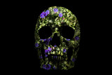 Human skull isolated on black background. Lilac flowers and green leaves.