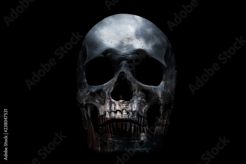 Cityscape in the skull on a black background. Concept of depressive life in a big city