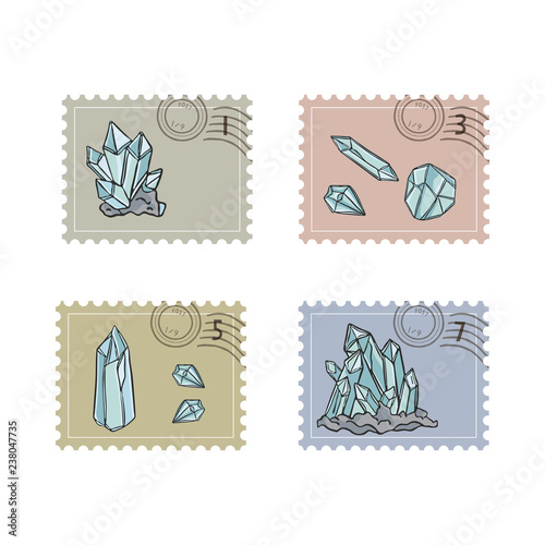 Minerology Quartz Crystal Postage Stamps. Hand Drawn Seamless Vector Illustration Icon Set. Sacred Precious Stone Postal Stationery for Meditation Journal, Mail Art, Boho New Age Packaging Washi Tape.