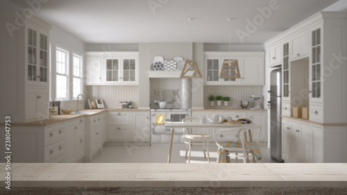 Wooden vintage table top or shelf closeup, zen mood, over blurred scandinavian classic kitchen with dining table and chairs, white architecture interior design © ArchiVIZ