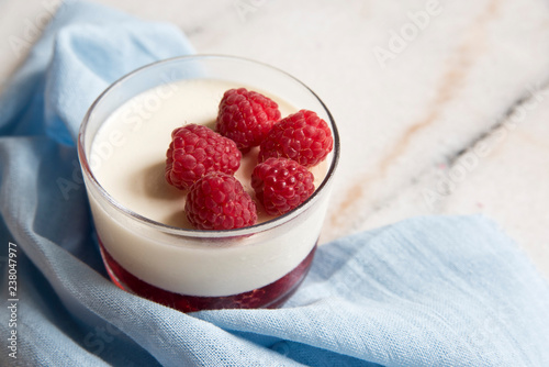 Panakota dessert with berries on the background of a beautiful beige napkin photo