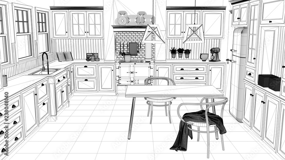 Interior design project, black and white ink sketch, architecture blueprint showing classic kitchen with dining table and chairs, windows and morning light, contemporary architecture
