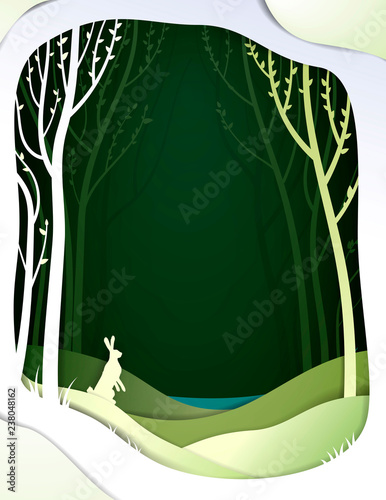 Paper spring forest landscape with hare, paper spring fairy tale background with easter rabbit,